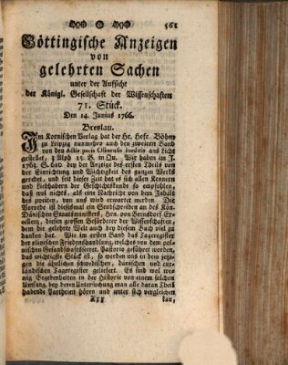 Göttingische Anzeigen von gelehrten Sachen (Göttingische Zeitungen von gelehrten Sachen) Samstag 14. Juni 1766