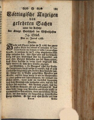 Göttingische Anzeigen von gelehrten Sachen (Göttingische Zeitungen von gelehrten Sachen) Samstag 21. Juni 1766