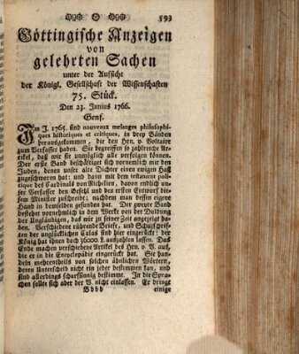 Göttingische Anzeigen von gelehrten Sachen (Göttingische Zeitungen von gelehrten Sachen) Montag 23. Juni 1766