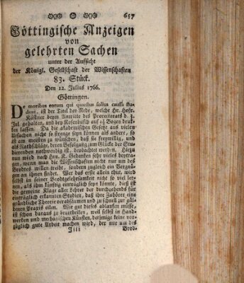 Göttingische Anzeigen von gelehrten Sachen (Göttingische Zeitungen von gelehrten Sachen) Samstag 12. Juli 1766