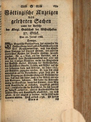 Göttingische Anzeigen von gelehrten Sachen (Göttingische Zeitungen von gelehrten Sachen) Montag 21. Juli 1766