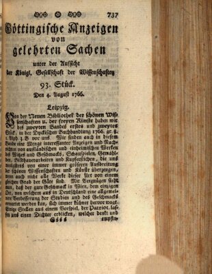 Göttingische Anzeigen von gelehrten Sachen (Göttingische Zeitungen von gelehrten Sachen) Montag 4. August 1766