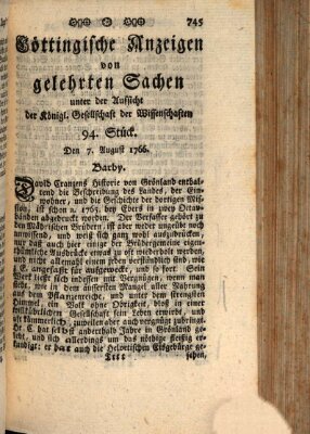 Göttingische Anzeigen von gelehrten Sachen (Göttingische Zeitungen von gelehrten Sachen) Donnerstag 7. August 1766