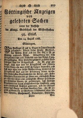 Göttingische Anzeigen von gelehrten Sachen (Göttingische Zeitungen von gelehrten Sachen) Donnerstag 14. August 1766