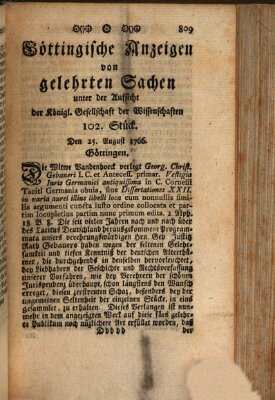 Göttingische Anzeigen von gelehrten Sachen (Göttingische Zeitungen von gelehrten Sachen) Montag 25. August 1766