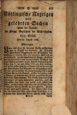 Göttingische Anzeigen von gelehrten Sachen (Göttingische Zeitungen von gelehrten Sachen) Donnerstag 28. August 1766