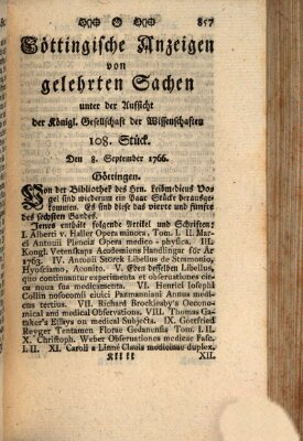 Göttingische Anzeigen von gelehrten Sachen (Göttingische Zeitungen von gelehrten Sachen) Montag 8. September 1766