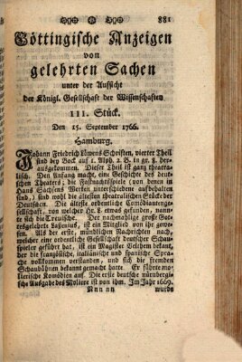 Göttingische Anzeigen von gelehrten Sachen (Göttingische Zeitungen von gelehrten Sachen) Montag 15. September 1766