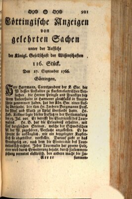 Göttingische Anzeigen von gelehrten Sachen (Göttingische Zeitungen von gelehrten Sachen) Samstag 27. September 1766