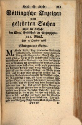 Göttingische Anzeigen von gelehrten Sachen (Göttingische Zeitungen von gelehrten Sachen) Donnerstag 9. Oktober 1766