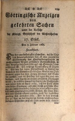 Göttingische Anzeigen von gelehrten Sachen (Göttingische Zeitungen von gelehrten Sachen) Samstag 7. Februar 1767