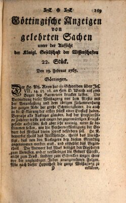 Göttingische Anzeigen von gelehrten Sachen (Göttingische Zeitungen von gelehrten Sachen) Donnerstag 19. Februar 1767