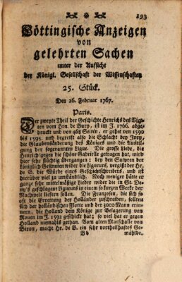 Göttingische Anzeigen von gelehrten Sachen (Göttingische Zeitungen von gelehrten Sachen) Donnerstag 26. Februar 1767