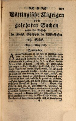 Göttingische Anzeigen von gelehrten Sachen (Göttingische Zeitungen von gelehrten Sachen) Donnerstag 5. März 1767