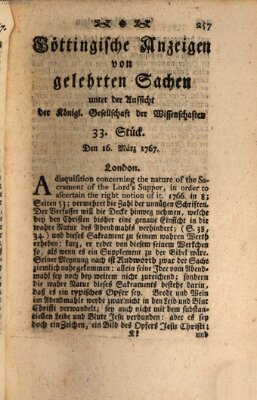 Göttingische Anzeigen von gelehrten Sachen (Göttingische Zeitungen von gelehrten Sachen) Montag 16. März 1767