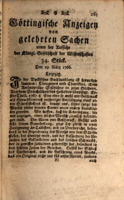 Göttingische Anzeigen von gelehrten Sachen (Göttingische Zeitungen von gelehrten Sachen) Donnerstag 19. März 1767