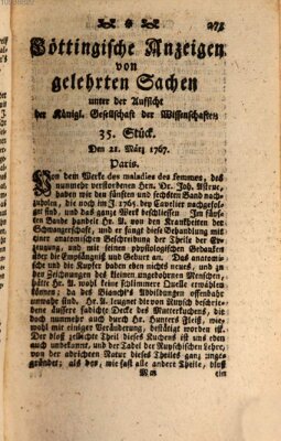 Göttingische Anzeigen von gelehrten Sachen (Göttingische Zeitungen von gelehrten Sachen) Samstag 21. März 1767