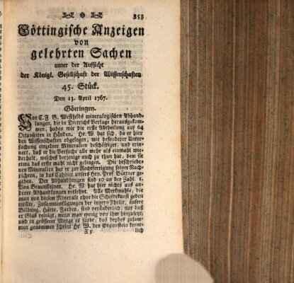 Göttingische Anzeigen von gelehrten Sachen (Göttingische Zeitungen von gelehrten Sachen) Montag 13. April 1767