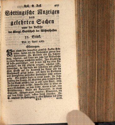 Göttingische Anzeigen von gelehrten Sachen (Göttingische Zeitungen von gelehrten Sachen) Montag 27. April 1767