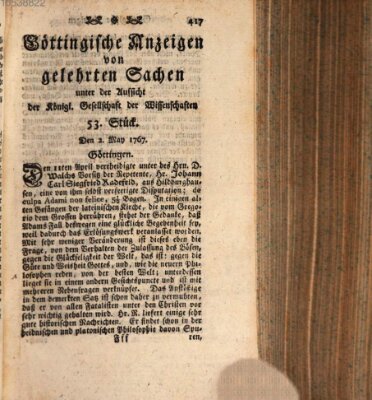 Göttingische Anzeigen von gelehrten Sachen (Göttingische Zeitungen von gelehrten Sachen) Samstag 2. Mai 1767