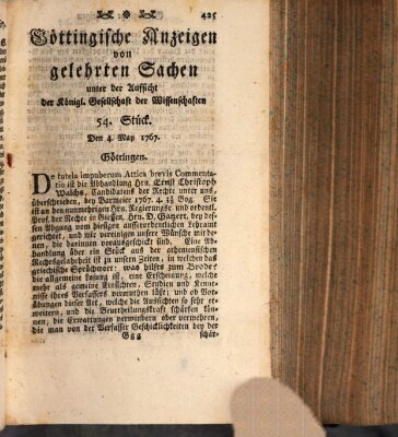 Göttingische Anzeigen von gelehrten Sachen (Göttingische Zeitungen von gelehrten Sachen) Montag 4. Mai 1767