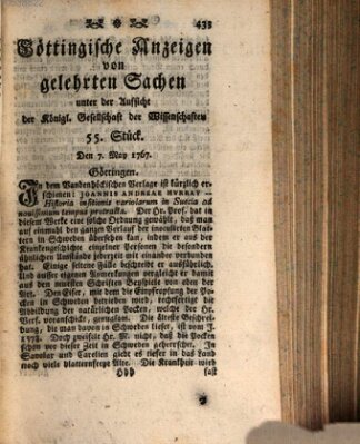 Göttingische Anzeigen von gelehrten Sachen (Göttingische Zeitungen von gelehrten Sachen) Donnerstag 7. Mai 1767