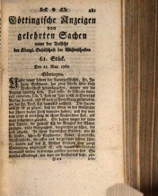 Göttingische Anzeigen von gelehrten Sachen (Göttingische Zeitungen von gelehrten Sachen) Donnerstag 21. Mai 1767