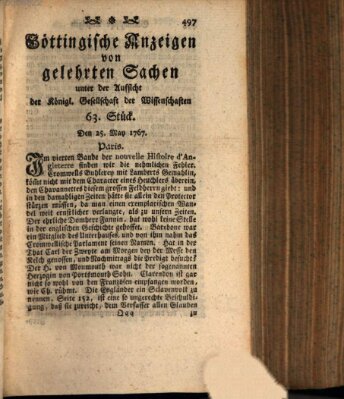 Göttingische Anzeigen von gelehrten Sachen (Göttingische Zeitungen von gelehrten Sachen) Montag 25. Mai 1767