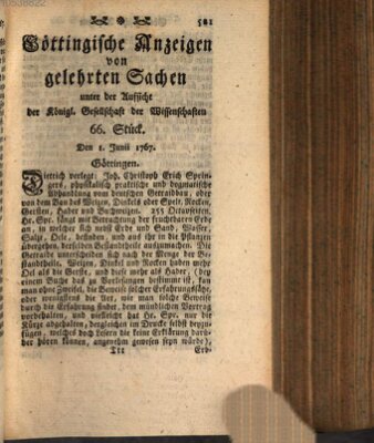 Göttingische Anzeigen von gelehrten Sachen (Göttingische Zeitungen von gelehrten Sachen) Montag 1. Juni 1767