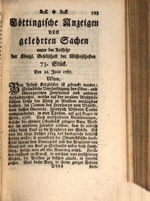 Göttingische Anzeigen von gelehrten Sachen (Göttingische Zeitungen von gelehrten Sachen) Montag 22. Juni 1767