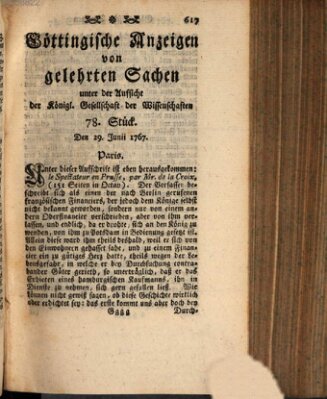 Göttingische Anzeigen von gelehrten Sachen (Göttingische Zeitungen von gelehrten Sachen) Montag 29. Juni 1767