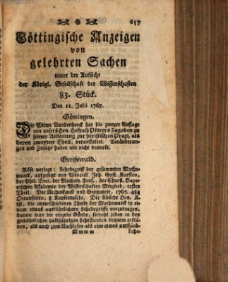 Göttingische Anzeigen von gelehrten Sachen (Göttingische Zeitungen von gelehrten Sachen) Samstag 11. Juli 1767