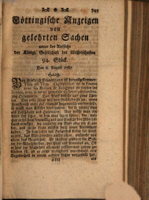 Göttingische Anzeigen von gelehrten Sachen (Göttingische Zeitungen von gelehrten Sachen) Donnerstag 6. August 1767