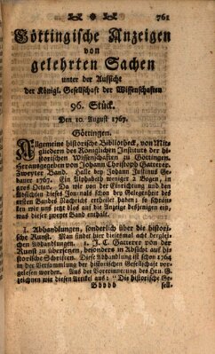 Göttingische Anzeigen von gelehrten Sachen (Göttingische Zeitungen von gelehrten Sachen) Montag 10. August 1767