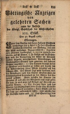 Göttingische Anzeigen von gelehrten Sachen (Göttingische Zeitungen von gelehrten Sachen) Montag 31. August 1767