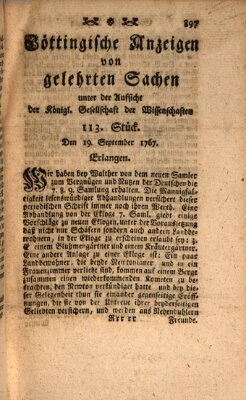 Göttingische Anzeigen von gelehrten Sachen (Göttingische Zeitungen von gelehrten Sachen) Samstag 19. September 1767