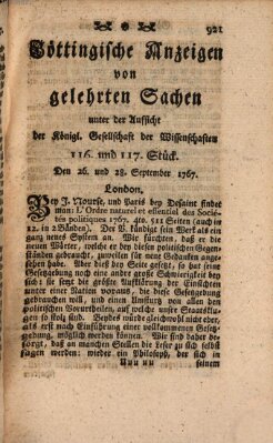 Göttingische Anzeigen von gelehrten Sachen (Göttingische Zeitungen von gelehrten Sachen) Montag 28. September 1767