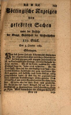 Göttingische Anzeigen von gelehrten Sachen (Göttingische Zeitungen von gelehrten Sachen) Samstag 3. Oktober 1767