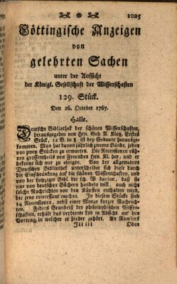 Göttingische Anzeigen von gelehrten Sachen (Göttingische Zeitungen von gelehrten Sachen) Montag 26. Oktober 1767