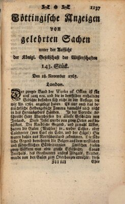 Göttingische Anzeigen von gelehrten Sachen (Göttingische Zeitungen von gelehrten Sachen) Samstag 28. November 1767