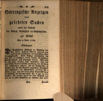 Göttingische Anzeigen von gelehrten Sachen (Göttingische Zeitungen von gelehrten Sachen) Samstag 2. April 1768