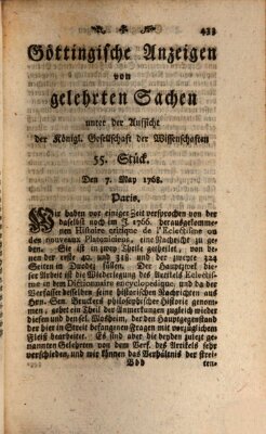 Göttingische Anzeigen von gelehrten Sachen (Göttingische Zeitungen von gelehrten Sachen) Samstag 7. Mai 1768