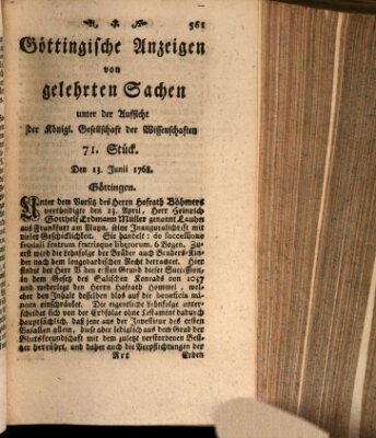 Göttingische Anzeigen von gelehrten Sachen (Göttingische Zeitungen von gelehrten Sachen) Montag 13. Juni 1768