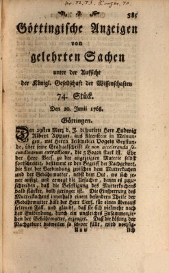 Göttingische Anzeigen von gelehrten Sachen (Göttingische Zeitungen von gelehrten Sachen) Montag 20. Juni 1768