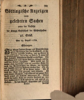 Göttingische Anzeigen von gelehrten Sachen (Göttingische Zeitungen von gelehrten Sachen) Samstag 13. August 1768