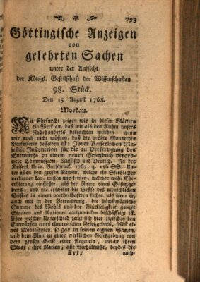 Göttingische Anzeigen von gelehrten Sachen (Göttingische Zeitungen von gelehrten Sachen) Montag 15. August 1768