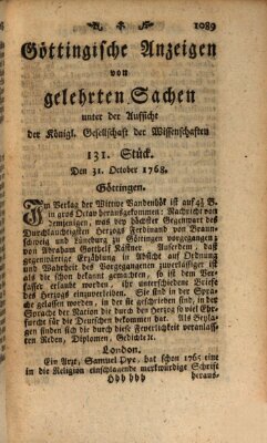 Göttingische Anzeigen von gelehrten Sachen (Göttingische Zeitungen von gelehrten Sachen) Montag 31. Oktober 1768