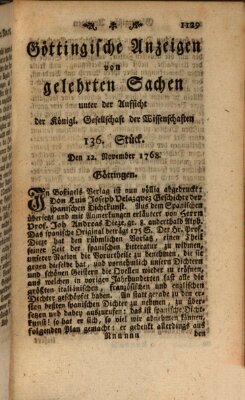 Göttingische Anzeigen von gelehrten Sachen (Göttingische Zeitungen von gelehrten Sachen) Samstag 12. November 1768