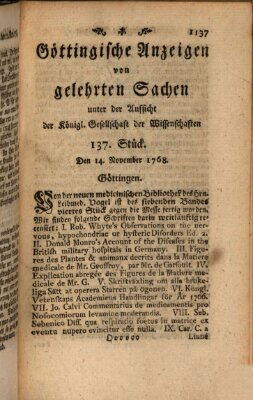 Göttingische Anzeigen von gelehrten Sachen (Göttingische Zeitungen von gelehrten Sachen) Montag 14. November 1768