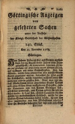 Göttingische Anzeigen von gelehrten Sachen (Göttingische Zeitungen von gelehrten Sachen) Montag 21. November 1768